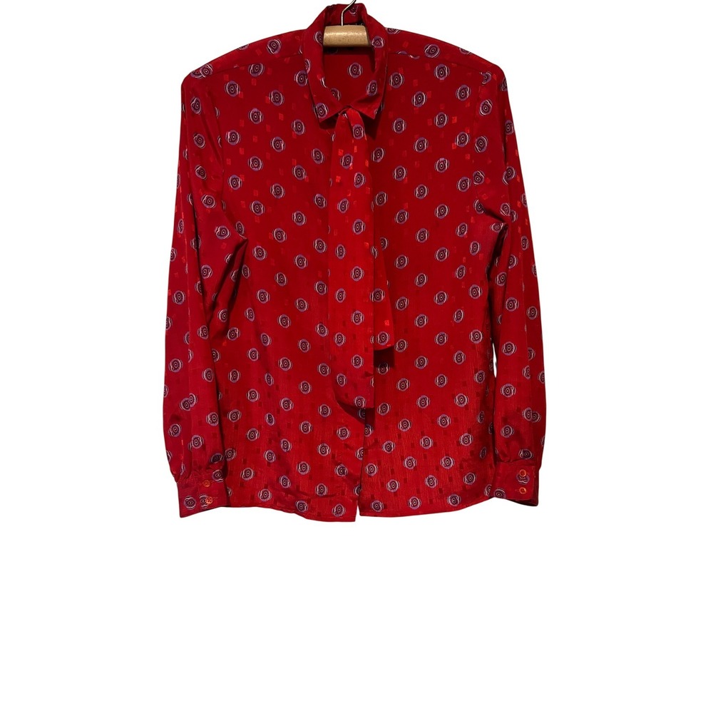 Haberdashery by Personal Blouse Women 10 Red Bow Geographic Vintage 80s Top A45